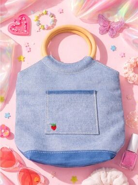 Denim Mini Tote Wooden Handle Y2K Strawberry